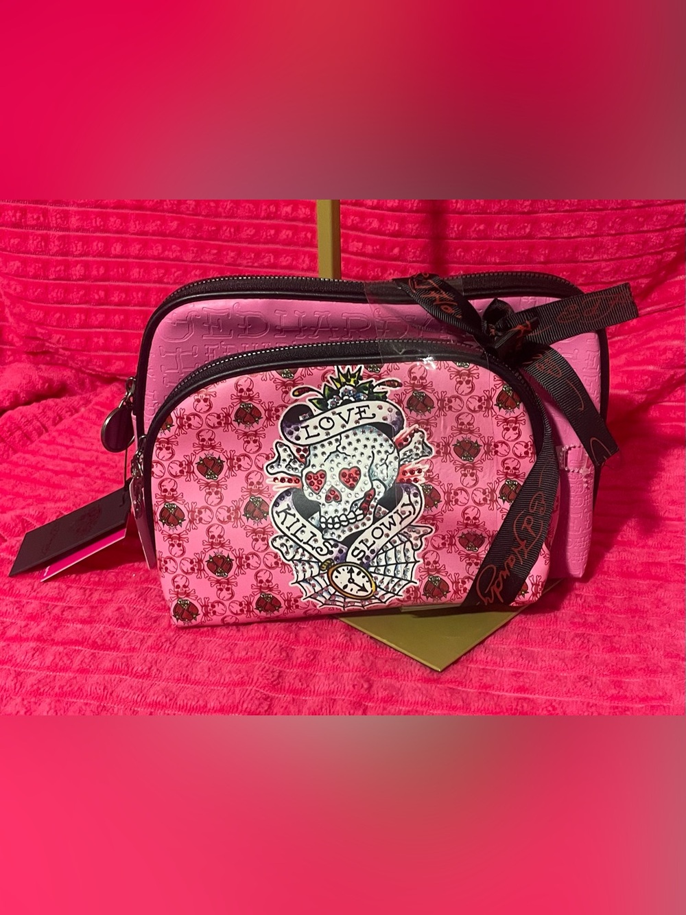 Ed Hardy Pink 'Love Kills Slowly' Logo Cosmetic Case